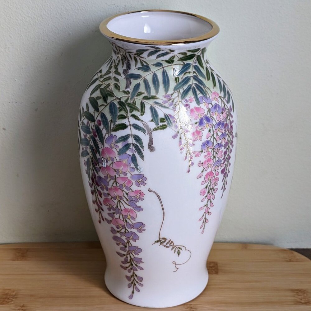 Wisteria Shibata Japan Floral Songbird Flowers Gold Trim Porcelain Vase 8" Tall